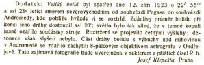 Faksimile dodatku k článku Josefa Klepešty z Říše hvězd 1923/5  strana 171-172 o bolidu z 12. září 1923 Autor: Josef Klepešta, Říše hvězd