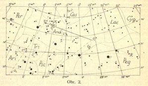 Vladimír Guth: Výpočet dráhy meteoru, zvláště pak o bolidu z 12. září 1923, Říše hvězd 1924/1 strana 14, obr 2. - dráha bolidu souhvězdím Andromedy Autor: Vladimír Guth, Říše hvězd