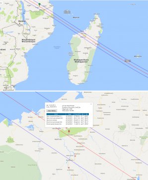 Místo  pozorování je na obrázku výše vyznačeno značkou a doplněno údaji o průběhu zatmění. Autor: Fred Espenak/NASA.