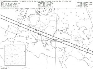 Pás stínu při zákrytu hvězdy planetkou Kalliope 24. prosince 2016. Autor: Steve Preston.