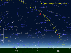 Dráha komety 41P/Tuttle-Giacobini-Kresák na jarní obloze 2017 v době její největší jasnosti. Autor: http://hemel.waarnemen.com