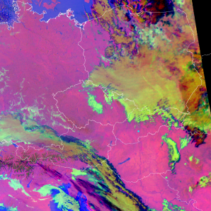 Mikrofyzikální RGB produkt družice Terra ukazující rozložení oblačnosti 2. prosince 2016 ve 21:18 UTC. Autor: NASA Terra/ČHMU.