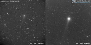 Porovnání vzhledu komety C/2015 ER61 (PanSTARRS) před outburstem (vlevo - 1. dubna) a po něm (vpravo - 4. dubna) Autor: José J. Chambó