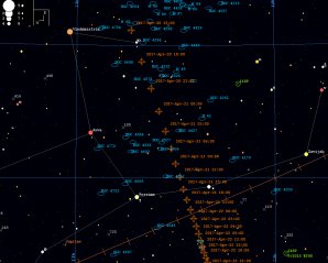 Orientační mapka k planetce 2014 JO25 pro období od 20. do 22. 4. 2017, časové značky jsou po třech hodinách ve světovém čase (UT). Mapka byla vygenerována v PC planetáriu Guide9. Autor: Martin Mašek