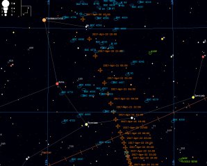 Orientační mapka k planetce 2014 JO25 pro období od 20. do 22. 4. 2017, časové značky jsou po třech hodinách ve světovém čase (UT). Mapka byla vygenerována v PC planetáriu Guide9. Autor: Martin Mašek