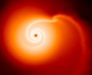 Snímek z počítačové simulace protoplanetárního disku se vznikající planetou Autor: Institute of Astronomy - Farzana Meru