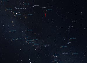 Poloha galaxie NGC 6946 (označena červenou šipkou) mezi souhvězdím Labutě a Cephea. Sever nahoře. Autor: Martin Mašek, Stellarium