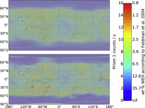 Rozložení vodního ledu v polárních čepičkách Marsu a v rovníkových oblastech Autor: Mars Odyssey Neutron Spectrometer