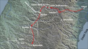 Mapa zobrazující biblickou cestu Izraelitů do Kanaanu, včetně města Gibeon, kde bylo pravděpodobně pozorováno prstencové zatmění Slunce.