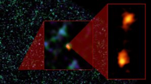 Podvojnost objektu ADFS-27 na obrázku z radioteleskopu ALMA (vpravo) Autor: NRAO/AUI/NSF/B. Saxton/ESA Herschel/ESO APEX/ALMA/ESO/NAOJ/D. Riechers