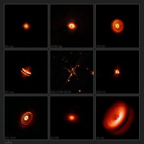 Nové snímky, které astronomové pořídili pomocí přístroje SPHERE a dalekohledu ESO/VLT, odhalují v dosud nedostižných detailech prachové disky obklopující nedaleké mladé hvězdy. Zachycují kolekci bizarních tvarů, velikostí a struktur, které jsou pravděpodobně také důsledkem efektů vyvolaných formujícími se planetami. Autor: ESO/H. Avenhaus et al./E. Sissa et al./DARTT-S and SHINE collaborations