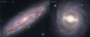 Snímek z HST zachycuje 2 z 19 galaxií analyzovaných za účelem určení hodnoty Hubbleovy konstanty. Galaxie NGC 3972 (vlevo) je vzdálena 65 miliónů světelných roků a NGC 1015 leží ve vzdálenosti 118 miliónů světelných roků od Země. Žlutými kroužky jsou vyznačeny polohy cefeid. Autor: NASA, ESA, A. Riess (STScI/JHU)