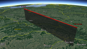 Obr. 9: 3D projekce dráhy bolidu 20170614_200709 v atmosféře Země (zdroj mapového podkladu: Google Earth, Google Inc.). Autor: Jakub Koukal