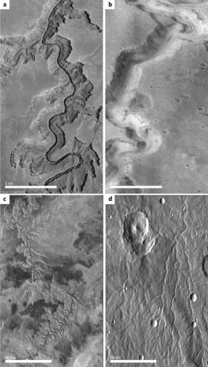 Geomorfologické důkazy přítomnosti vody na mladém Marsu v porovnání se Zemí. a) Colorado River Canyon – Země; b) Nanedi Vallis – Mars; c) Grand Canyon – Země; d) říční systém – Mars Autor: Ramirez and Craddock (2018), Nature Geoscience