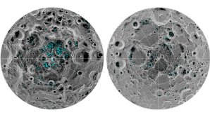 Rozložení ledu na povrchu Měsíce v okolí jižního pólu (vlevo) a severního pólu (vpravo) podle měření přístroje Moon Mineralogy Mapper (NASA) na palubě indické družice Chandrayaan-1 Autor: NASA