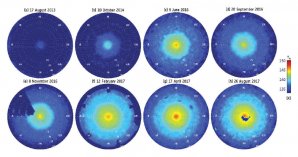 Vývoj stratosférického polárního víru v okolí severního pólu planety Saturn Autor: NASA/JPL-Caltech/University of Leicester/GSFC/L.N. Fletcher et al. 2018