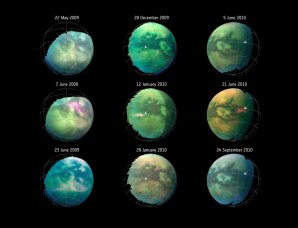 Série snímků měsíce Titan, na kterých byly objeveny rozsáhlé prachové bouře Autor: NASA/JPL-Caltech/University of Arizona/University Paris Diderot/IPGP