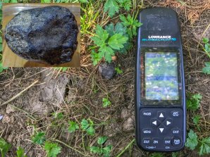 Obrázek 6. První meteorit Renchen (M1) o hmotnosti 11.9 g v nálezové pozici a s vloženým detailem. Meteorit byl nalezený necelé 2 týdny po pádu dne 24. července 2018. Autor: Ralph Sporn a Martin Neuhofer, Pavel Spurný.