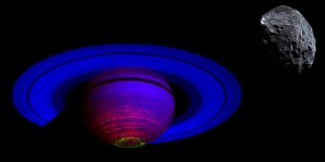 Planeta Saturn v oboru infračerveného záření pohledem přístroje VIMS na palubě sondy Cassini a Saturnův měsíc Phoebe Autor: NASA, JPL, VIMS Team, ISS Team, U. Arizona, D. Machacek, U. Leicester