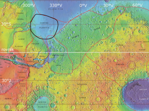 Mozaika fotografií v nepravých barvách zachycuje prohlubeň Chryse Planitia nacházející se na severní polokouli Marsu. Je to právě jižní část této oblasti, kde se vyskytuje velké množství několik kilometrů velkých těles, jež jsou nejžhavějšími kandidáty na to, že vznikly vlivem roztékání bahna po povrchu Marsu. Autor snímků NASA, licence volné dílo.