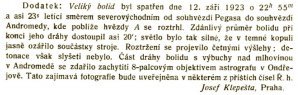 Faksimile of an amendment to the article by Josef Klepešta of the Říše hvězd (Realm of the Stars) 1923/5 page 171-172 on the fireball of September 12, 1923 Autor: Josef Klepešta, Říše hvězd (Realm of the Stars)