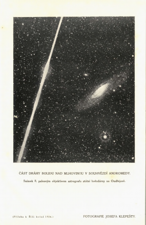 Attachment of Říše hvězd (Realm of the Stars) 1924/1 with photo of fireball and M31 in Andromeda by Josef Klepešta from September 12, 1923 including description. Autor: Josef Klepešta, Říše hvězd (Realm of the Stars)