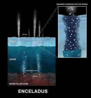 Ilustrace znázorňuje proces emitování organických látek z oceánu na Enceladu do okolního prostoru Autor: NASA/JPL-Caltech