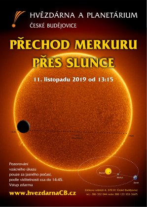Pozorování přechodu Merkuru před Sluncem 11. listopadu 2019 na českobudějovické hvězdárně - leták. Autor: HaP České Budějovice.