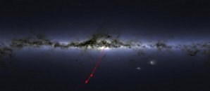 Poloha hvězdy S5-HVS1 na obloze a směr jejího pohybu Autor: Sergey Koposov