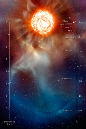 Umělecké ztvárnění Betelgeuze s obrovským oblakem plynu o přibližné velikosti naší sluneční soustavy, který byl vymrštěn z povrchu, a gigantickými bublinami vařícími se na jejím povrchu. Autor: ESO/L. Calçada.