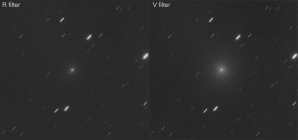 Kometa C/2020 F8 (SWAN) z robotického dalekohledu FRAM v Argentině na observatoři Pierra Augera, srovnání komety ve fotometrických filtrech R a V. Autor: Martin Mašek; FRAM/FZU - Fyzikální ústav AV ČR