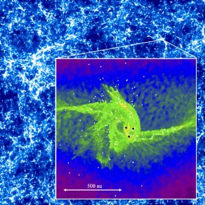 Momentka ze simulace znázorňující rozložení hmoty ve vesmíru v době vzniku černé díry (nahoře) a rozložení hustoty plynu v oblacích se vznikem černých děr (dole) Autor: Sunmyon Chon