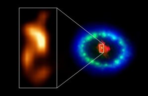 Snímek s extrémně vysokým rozlišením pořízený radioteleskopem ALMA odhaluje horký „blob“ v prachovém jádru supernovy SN 1987A (viz vložený obrázek), který může značit polohu chybějící neutronové hvězdy. Autor: ALMA (ESO/NAOJ/NRAO), P. Cigan and R. Indebetouw; NRAO/AUI/NSF, B. Saxton; NASA/ESA