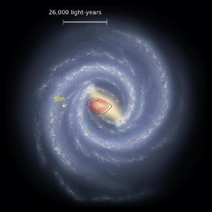 Umělecké ztvárnění toho, jak by vypadala naše Galaxie při pohledu „shora“ – zakreslena je i poloha Slunce a fosilní galaxie Heracles Autor: Danny Horta-Darrington (Liverpool John Moores University), NASA/JPL-Caltech, and the SDSS