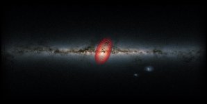 Pohled ze Země na střed Mléčné dráhy s vyznačenou polohou fosilní galaxie Heracles Autor: Danny Horta-Darrington (Liverpool John Moores University), ESA/Gaia, and the SDSS