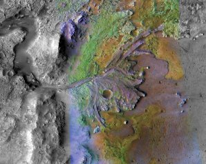 Místo přistání sondy Perseverance. Kráter uprostřed je pojmenován jako Jezero. Jeho dno je poznamenáno působením vody v dávné minulosti Marsu. Autor: NASA/JPL-Caltech/MSSS/JHU-APL