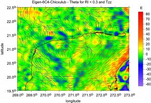 Kráter Chicxulub, severní Yukatán: úhly napětí dohromady s radiální druhou derivací ukazují náznak svatozáře kolem kráteru a negativní nebo pozitivní hodnoty derivace (nedostatek nebo nadbytek hmoty vůči okolí). Autor: Jaroslav Klokočník