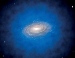 Umělecké ztvárnění spirální galaxie ponořené v neviditelné temné hmotě, označované jako halo temné hmoty, které je zobrazeno modrou barvou Autor: ESO/L. Calçada