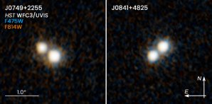 Fotografie pořízené pomocí HST zachycují dva páry kvasarů J0749+2255 a J0841+4825 Autor: NASA/ESA/Hubble/H. Hwang & N. Zakamska, Johns Hopkins University/Y. Shen, University of Illinois