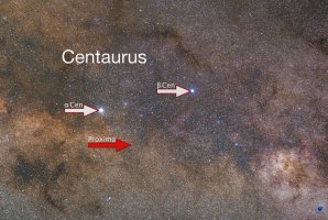 Poloha Proximy Centauri (červená šipka). ESO, La Silla, Chile Autor: Zdeněk Bardon