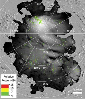 Barevné tečky představují místa, kde byly zaznamenány evropskou sondou Mars Express silné radarové ozvěny pod povrchem jižní polární čepičky Marsu Autor: ESA/NASA/JPL-Caltech