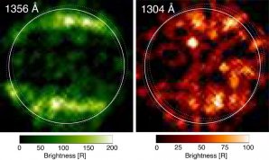 První snímky Ganymeda v oboru UV záření na různé vlnové délce, které odhalily zvláštní struktury v emisi atmosféry Autor: NASA, ESA, Lorenz Roth (KTH)