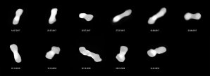 Těchto jedenáct snímků zachycuje planetku Kleopatra zobrazenou díky rotaci z různých stran. Záběry byly pořízeny mezi lety 2017 až 2019 pomocí přístroje SPHERE (Spectro-Polarimetric High-contrast Exoplanet Research) a dalekohledu ESO/VLT. Autor: ESO/Vernazza, Marchis et al./MISTRAL algorithm (ONERA/CNRS)