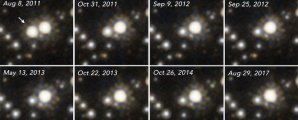 Jednotlivé snímky zachycují úkaz gravitační mikročočky MOA-11-191/OGLE-11-0462, kterou HST pozoroval v letech 2011-2017 Autor: Image via Sahu et al./arXiv 2022/ScienceAlert