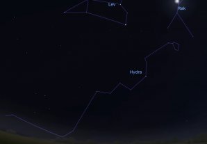 Rozsáhlé souhvězdí Hydry se táhne od Raka až k souhvězdím letní oblohy. Autor: Stellarium