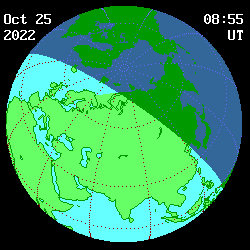 Animace ukazuje, kudy projde polostín Měsíce, a kde bude tedy vidět částečné zatmění Slunce 25. 10. 2022