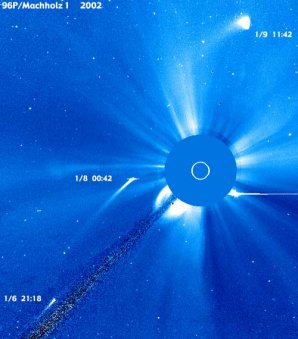 96P/Machholz v zorném poli koronografu kosmické sondy SOHO (6. až 9. ledna 2002) Autor: SOHO - NASA, ESA