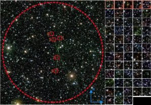 Kompozitní snímek ukazující 58 galaxií, které by se měly podle nové studie nacházet ve společné kupě za jádrem Mléčné dráhy