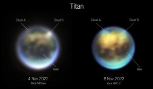 Dvě fotografie ukazující vývoj mraků v atmosféře Titanu během 30 hodin. Můžeme na nich rozpoznat i albedové útvary a rotaci měsíce zleva doprava. Autor: NASA/JWST