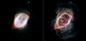 Dechberoucí fotografie byly složeny z dat získaných pomocí přístrojů MIRI (Mid-Infrared-Instrument) a NIRCam (Near-Infrared Camera). Fotografie vlevo poodhaluje horká mračna kolem dvou centrálních hvězd, zatímco v té pravé nám jiná kombinace dat a skvělé zpracování umožňuje pozorovat vzdálenější plyny s prstencovými útvary. Autor: NASA/JWST